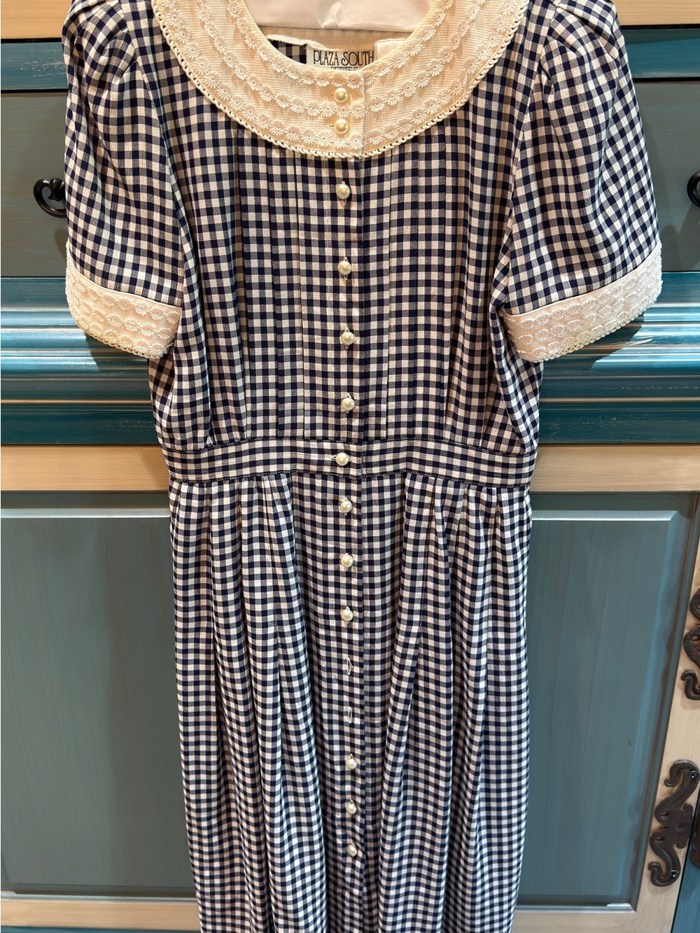 Vintage Plaza South Navy and White Gingham Dress with Lace Collar